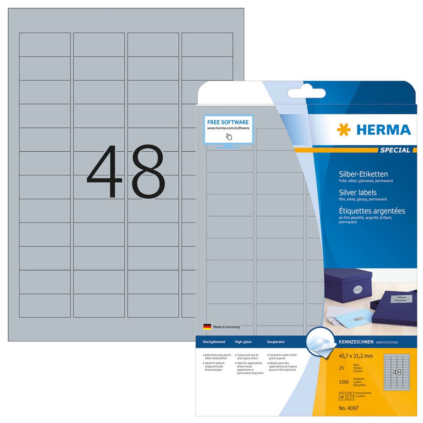 HERMA Folienetiketten silber 45,7 x 21,2 mm | 4097 | 1 Pack = 25 Blatt