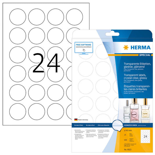 HERMA Folienetiketten transparent 40,0 x 40,0 mm | 8023 | 1 Pack = 25 Blatt