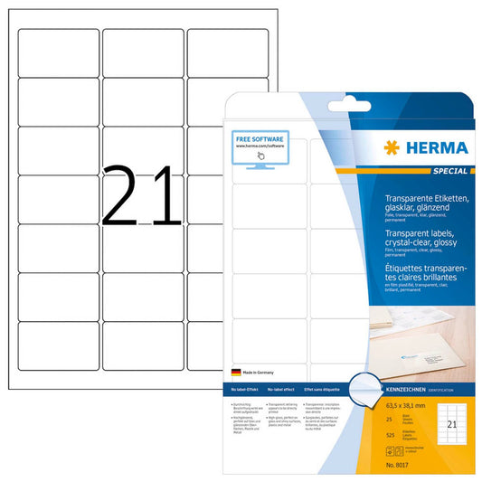 HERMA Folienetiketten transparent 63,5 x 38,1 mm | 8017 | 1 Pack = 25 Blatt
