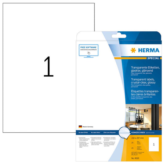 HERMA Folienetiketten transparent 210,0 x 297,0 mm | 8020 | 1 Pack = 25 Blatt