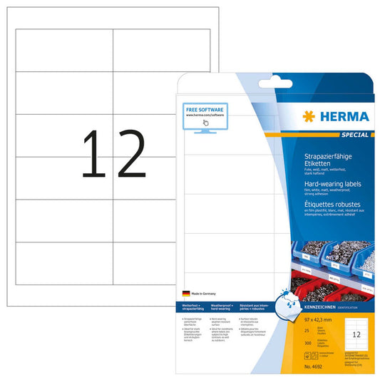 HERMA wetterfeste Folienetiketten weiß 97,0 x 42,3 mm | 4692 | 1 Pack = 25 Blatt