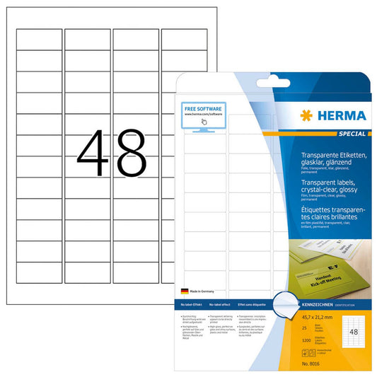 HERMA Folienetiketten transparent 45,7 x 21,2 mm | 8016 | 1 Pack = 25 Blatt