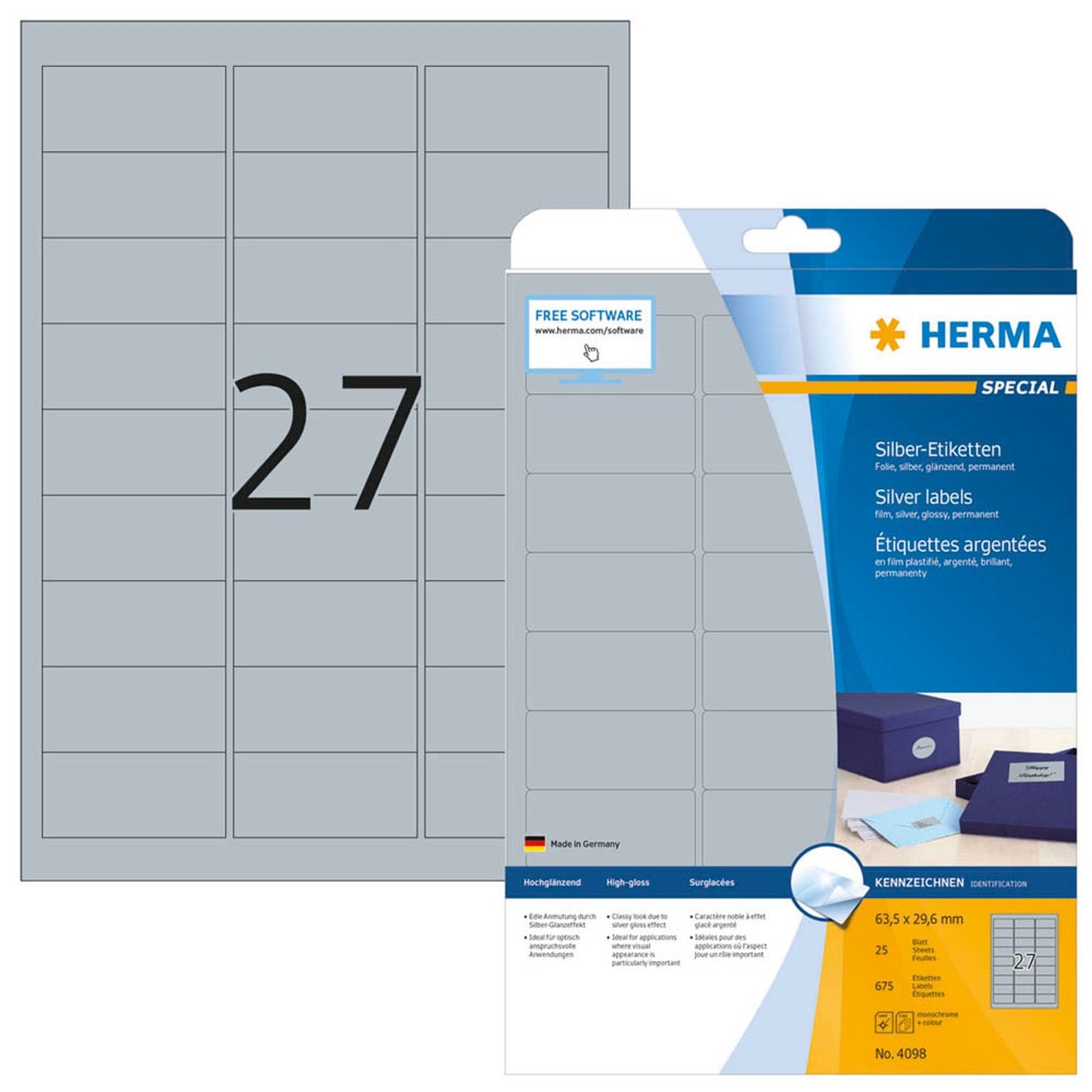 HERMA Folienetiketten silber 63,5 x 29,6 mm | 4098 | 1 Pack = 25 Blatt
