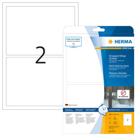 HERMA wetterfeste Folienetiketten weiß 190,0 x 135,0 mm | 8333 | 1 Pack = 25 Blatt