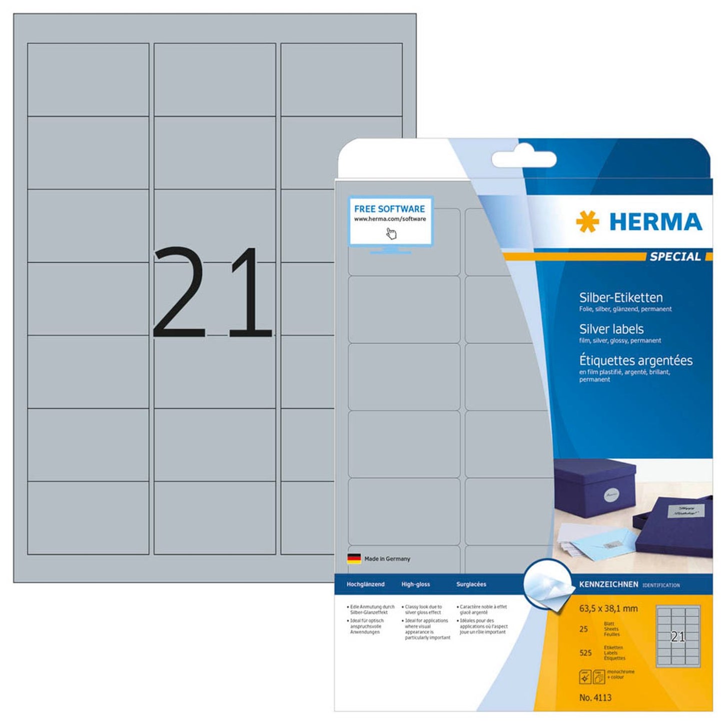 HERMA Folienetiketten silber 63,5 x 38,1 mm | 4113 | 1 Pack = 25 Blatt
