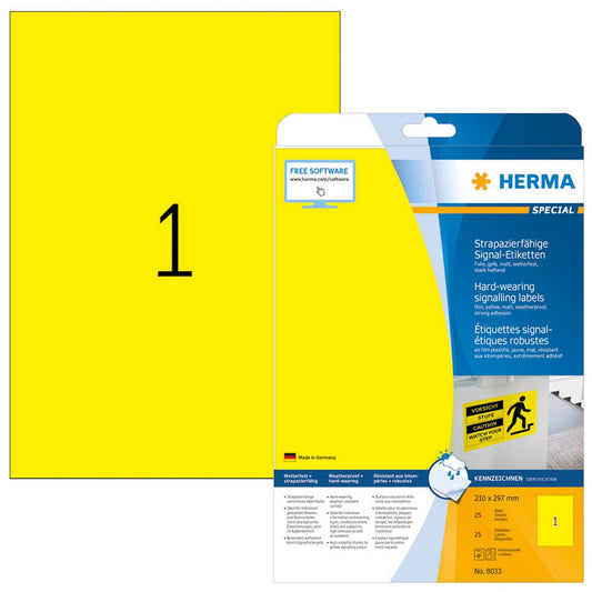 HERMA wetterfeste Folienetiketten gelb 210,0 x 297,0 mm | 8033 | 1 Pack = 25 Blatt