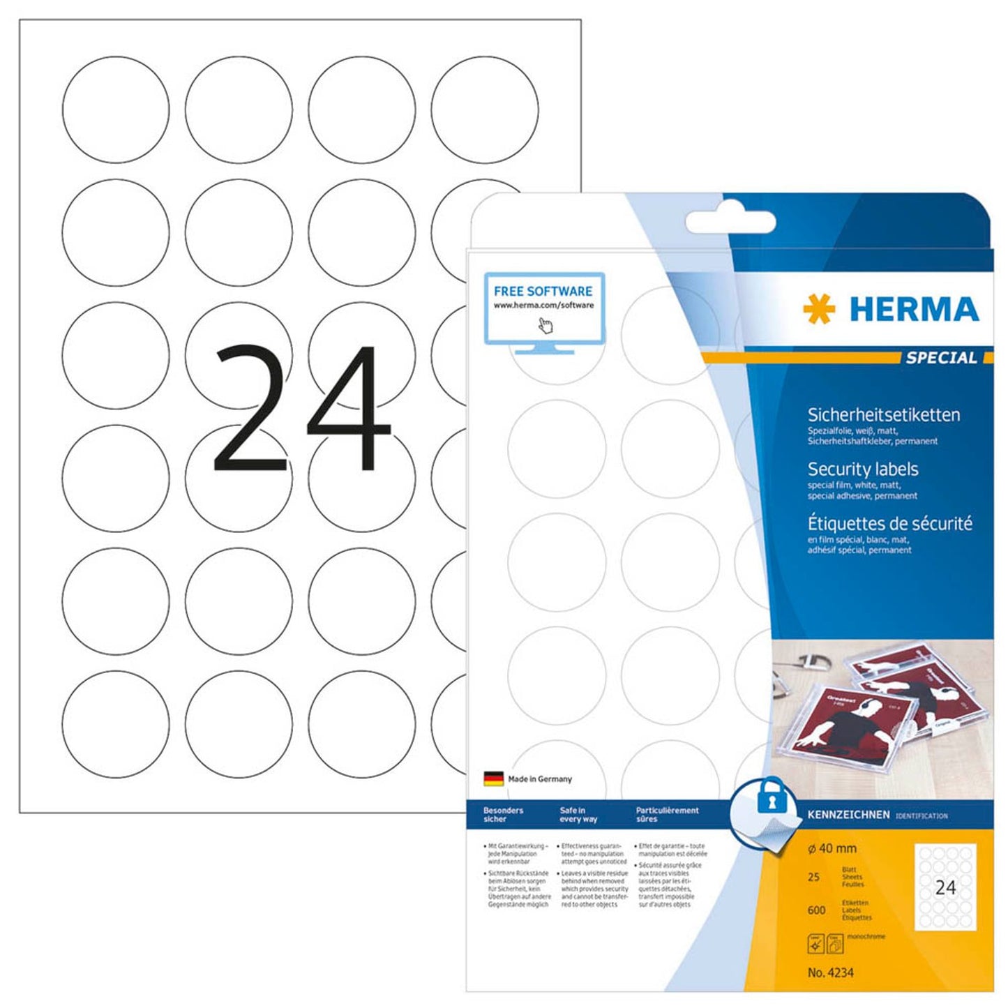 HERMA Sicherheitsetiketten weiß 40,0 x 40,0 mm | 4234 | 1 Pack = 25 Blatt