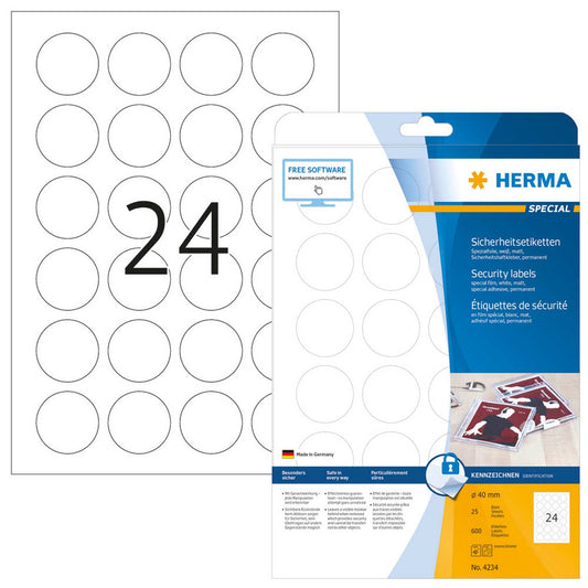 HERMA Sicherheitsetiketten weiß 40,0 x 40,0 mm | 4234 | 1 Pack = 25 Blatt