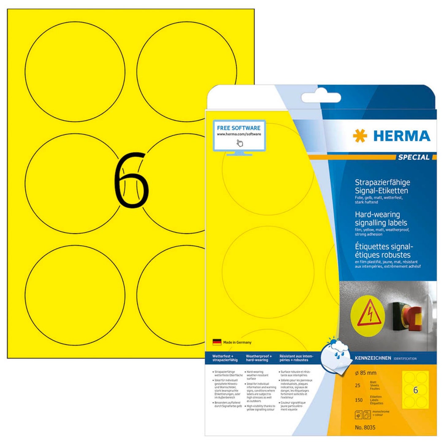 HERMA wetterfeste Folienetiketten gelb 85,0 x 85,0 mm | 8035 | 1 Pack = 25 Blatt