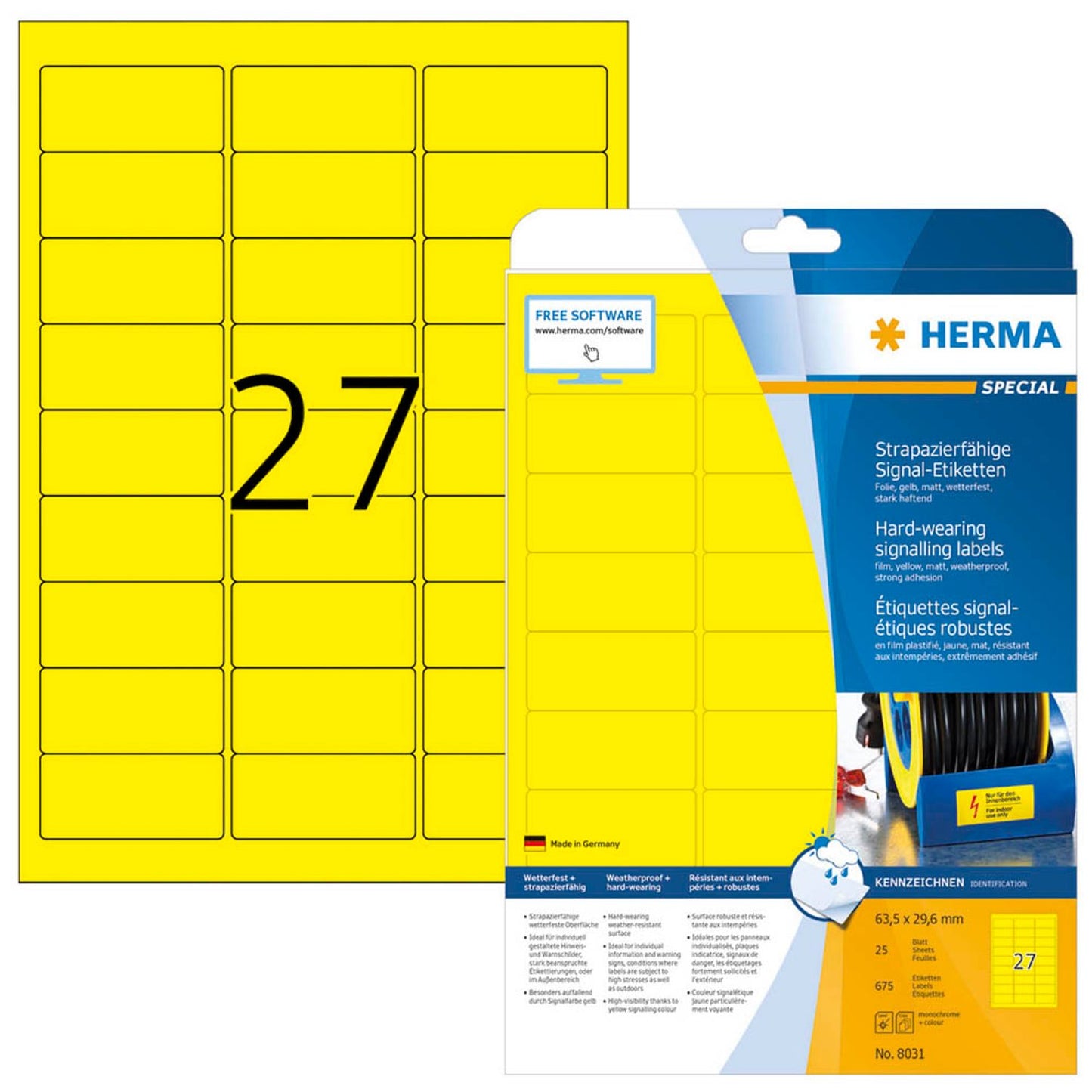 HERMA wetterfeste Folienetiketten gelb 63,5 x 29,6 mm | 8031 | 1 Pack = 25 Blatt