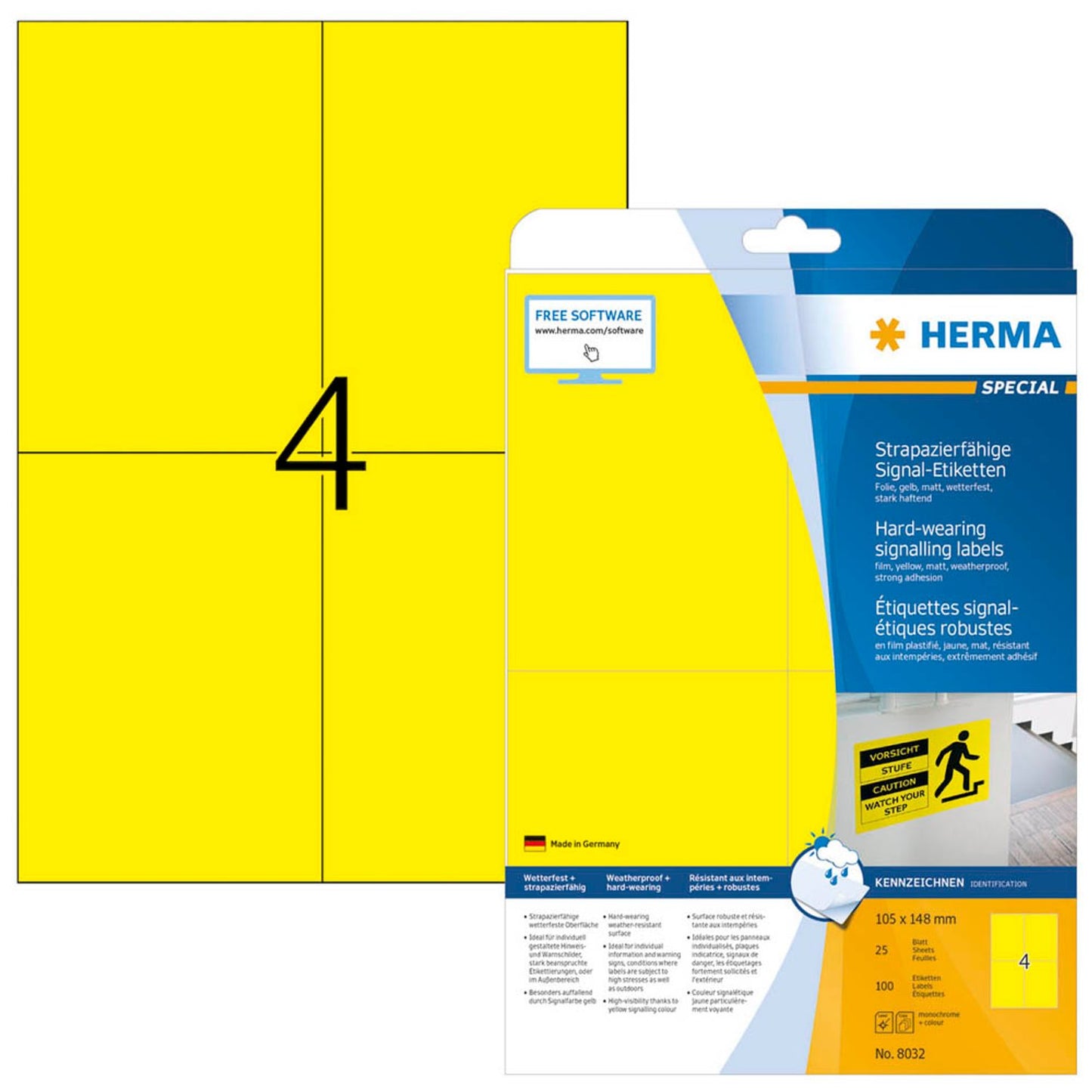 HERMA wetterfeste Folienetiketten gelb 105,0 x 148,0 mm | 8032 | 1 Pack = 25 Blatt