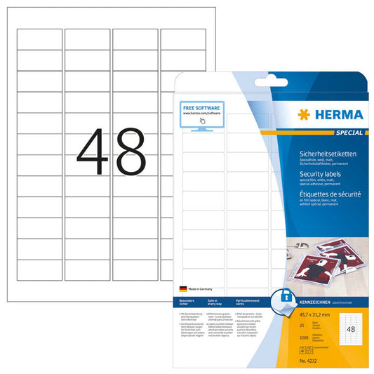 HERMA Sicherheitsetiketten weiß 45,7 x 21,2 mm | 4232 | 1 Pack = 25 Blatt