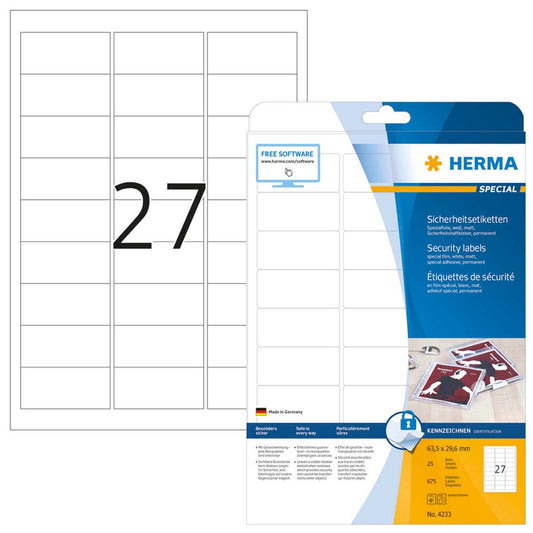 HERMA Sicherheitsetiketten weiß 63,5 x 29,6 mm | 4233 | 1 Pack = 25 Blatt