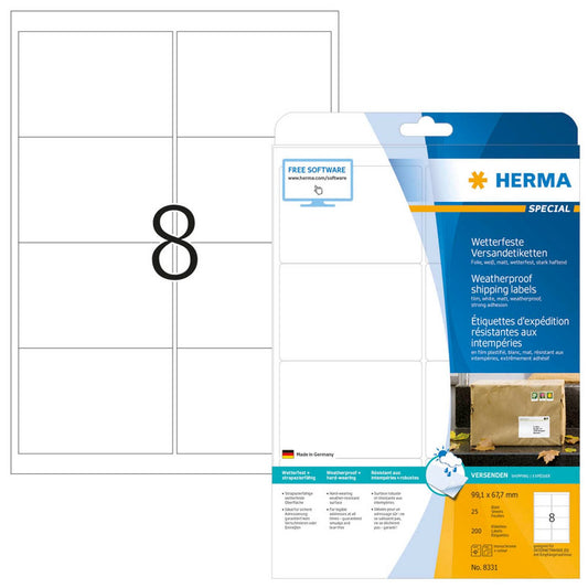 HERMA Folien-Versandetiketten weiß 99,1 x 67,7 mm | 8331 | 1 Pack = 25 Blatt