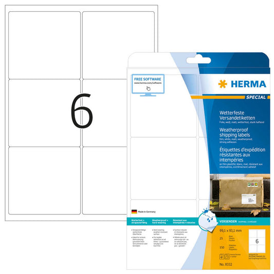 HERMA Folien-Versandetiketten weiß 99,1 x 93,1 mm | 8332 | 1 Pack = 25 Blatt