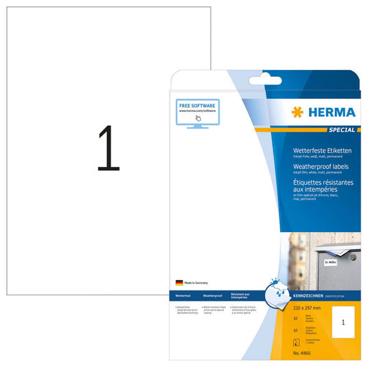 HERMA wetterfeste Folienetiketten weiß 210,0 x 297,0 mm | 4866 | 1 Pack = 10 Blatt
