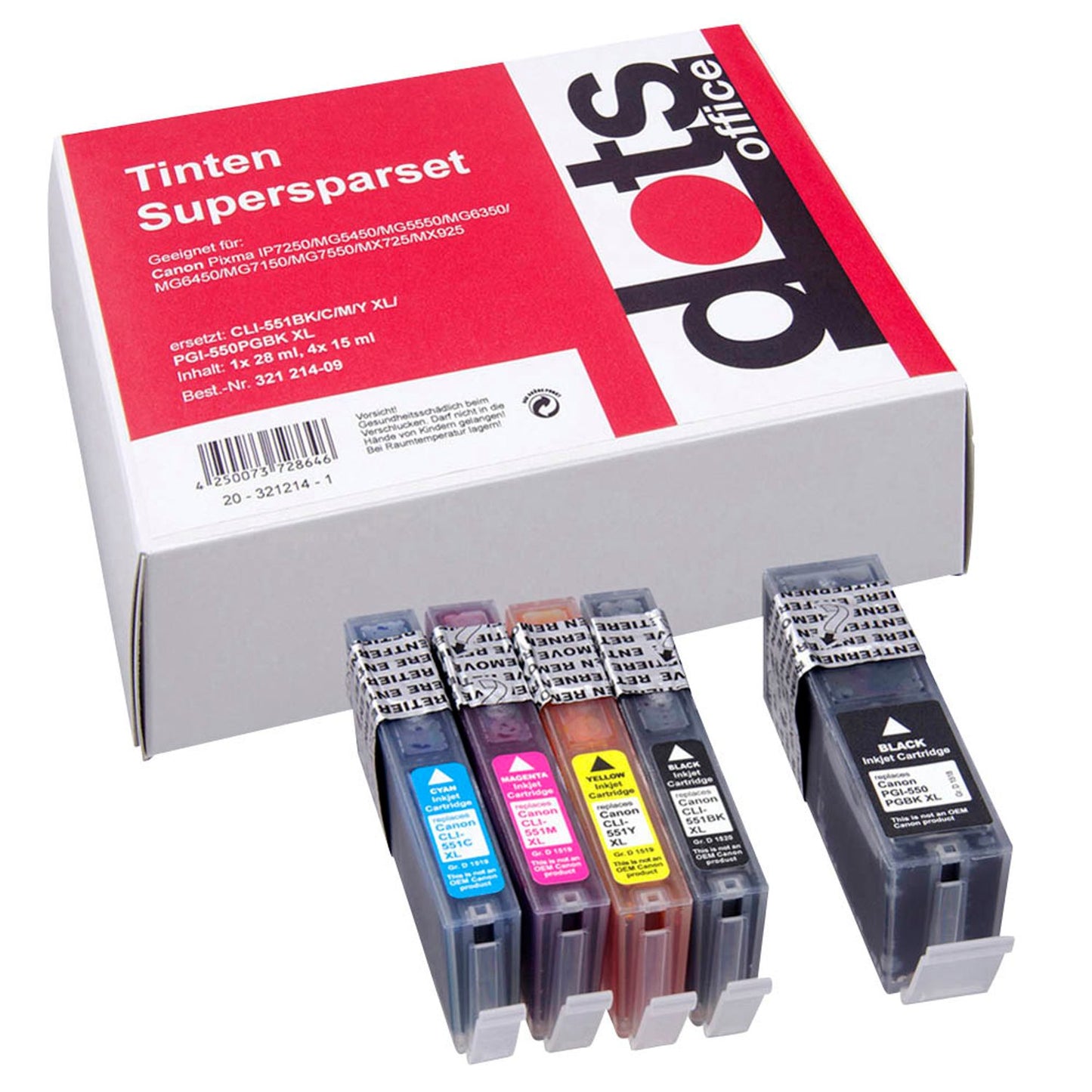 dots schwarz, cyan, magenta, gelb Druckerpatronen kompatibel zu Canon PGI-550 XL BK, CLI-551 XL BK/C/M/Y | 1519,0050-DOTS