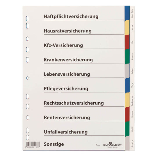 DURABLE Ordnerregister Vollformat blanko mit Deckblatt Versicherungen 2x blau, 2x gelb, 2x rot, 2x grün, 2x grau 10-teilig, 1 Satz | 674127