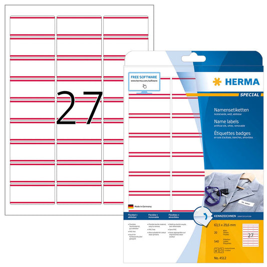 HERMA Namensetiketten weiß 63,5 x 29,6 mm | 4512 | 1 Pack = 20 Blatt