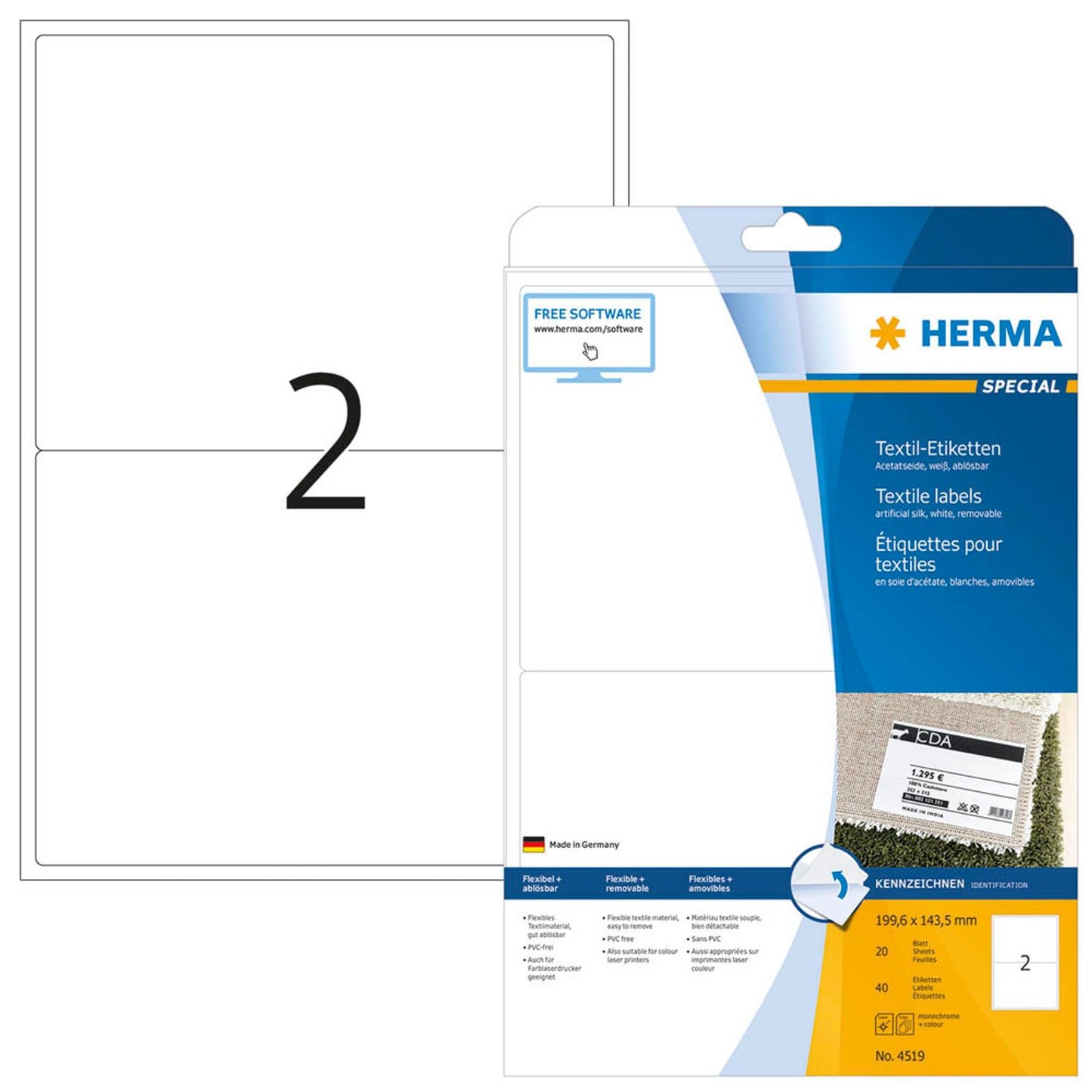 HERMA Namensetiketten weiß 199,6 x 143,5 mm | 4519 | 1 Pack = 20 Blatt