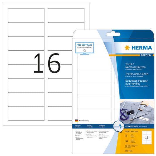 HERMA Namensetiketten weiß 88,9 x 33,8 mm | 4515 | 1 Pack = 20 Blatt