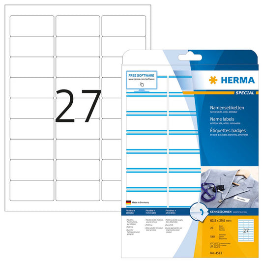 HERMA Namensetiketten weiß 63,5 x 29,6 mm | 4513 | 1 Pack = 20 Blatt