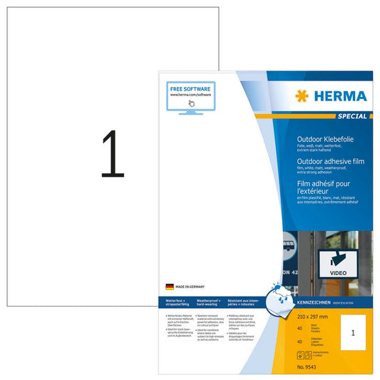 HERMA Folien-Kraftklebe-Etiketten weiß 210,0 x 297,0 mm | 9543 | 1 Pack = 40 Blatt