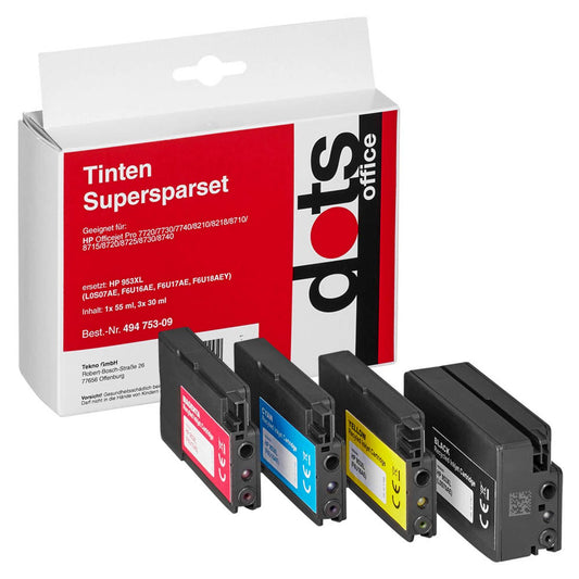 dots schwarz, cyan, magenta, gelb Druckerpatronen kompatibel zu HP 953XL (3HZ52AE), 4er-Set | 1747,4005-DOTS | 1 Pack = 4 St.