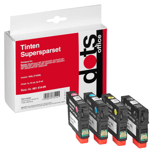 dots schwarz, cyan, magenta, gelb Druckerpatronen kompatibel zu EPSON T1636XL, 4er-Set | 1621,4050-DOTS | 1 Pack = 4 St.