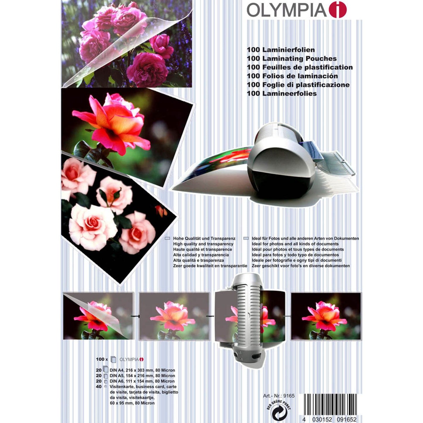 OLYMPIA Laminierfolien-Set glänzend für A4, A5, A6, Visitenkartenformat 80 micron | 9165 | 1 Set = 100 St.