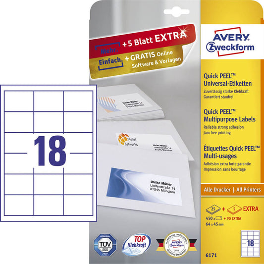 AVERY Zweckform AKTION: 450 Etiketten weiß 64,0 x 45,0 mm + GRATIS 90 Etiketten | 6171 | 1 Pack = 30 Blatt