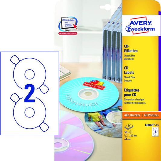 AVERY Zweckform CD-Etiketten weiß | L6043-25 | 1 Pack = 50 Etiketten