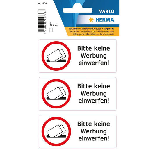 HERMA Hinweisetiketten Keine Werbung, schwarz 79,0 x 34,0 mm, 3 Etiketten | 5738 | 1 Pack = 3 St.