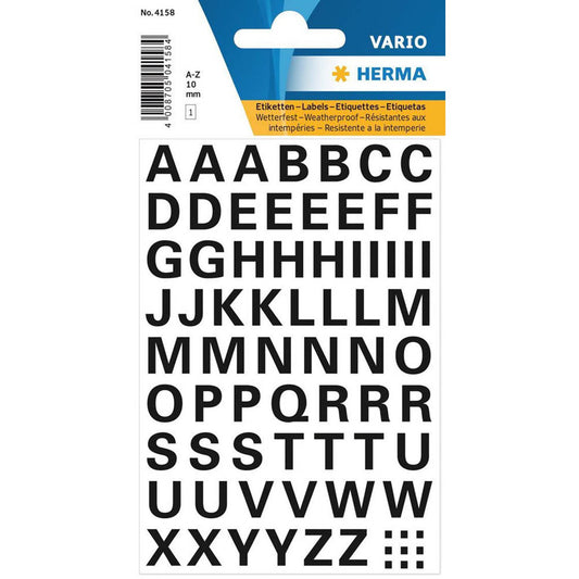 HERMA Klebebuchstaben Buchstaben A-Z, schwarz 10,0 x 10,0 mm, 63 Etiketten | 4158 | 1 Pack = 74 St.