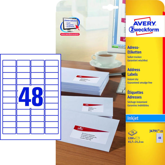 AVERY Zweckform Adressetiketten weiß 45,7 x 21,2 mm | J4791-25 | 1 Pack = 25 Blatt