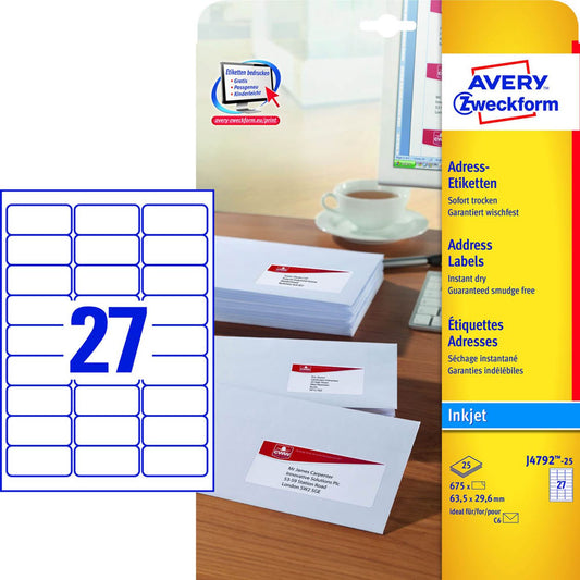 AVERY Zweckform Adressetiketten weiß 63,5 x 29,6 mm | J4792-25 | 1 Pack = 25 Blatt