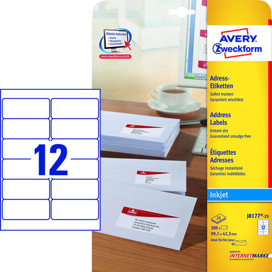 AVERY Zweckform Adressetiketten weiß 99,1 x 42,3 mm | J8177-25 | 1 Pack = 25 Blatt
