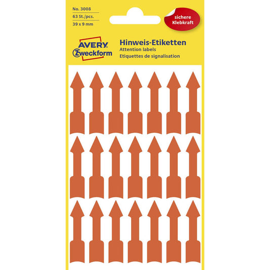 AVERY Zweckform Hinweisetiketten Pfeile, leuchtorange 9,0 x 39,0 mm, 63 Etiketten | 3008 | 1 Pack = 63 St.