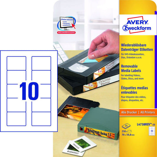 AVERY Zweckform Etiketten weiß 70,0 x 50,8 mm | L4738REV-25 | 1 Pack = 250 Etiketten