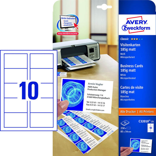 AVERY Zweckform Visitenkarten matt weiß 185 g/qm | C32010-25 | 1 Pack = 250 St.