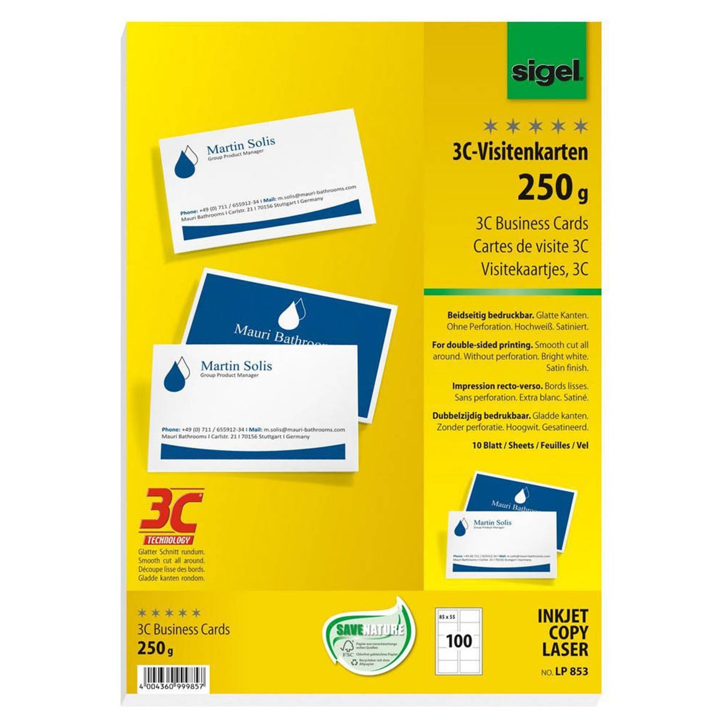 SIGEL Visitenkarten matt weiß 250 g/qm | LP853 | 1 Pack = 100 St.