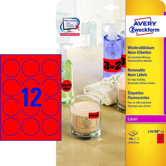 AVERY Zweckform Etiketten rot 63,5 x 63,5 mm | L7670R-25 | 1 Pack = 25 Blatt
