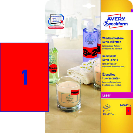 AVERY Zweckform Etiketten rot 210,0 x 297,0 mm | L6005-25 | 1 Pack = 25 Blatt