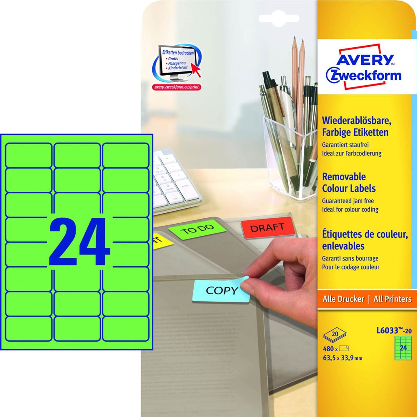 AVERY Zweckform Etiketten grün 63,5 x 33,9 mm | L6033-20 | 1 Pack = 20 Blatt
