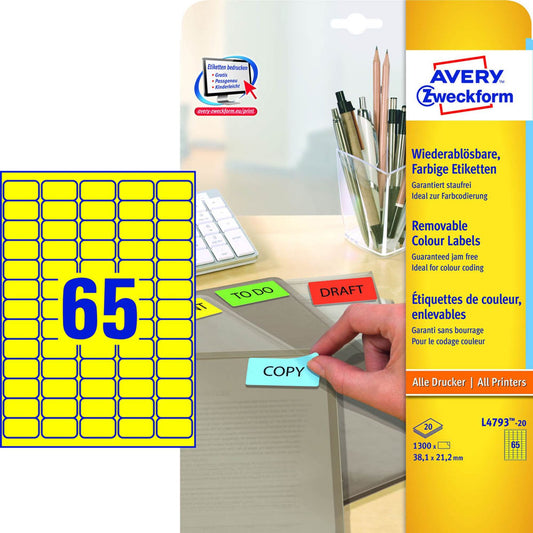 AVERY Zweckform Etiketten gelb 38,1 x 21,2 mm | L4793-20 | 1 Pack = 20 Blatt