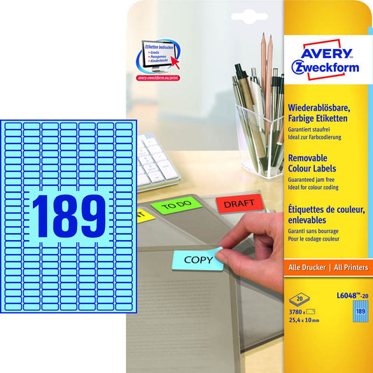 AVERY Zweckform Etiketten blau 25,4 x 10,0 mm | L6048-20 | 1 Pack = 20 Blatt