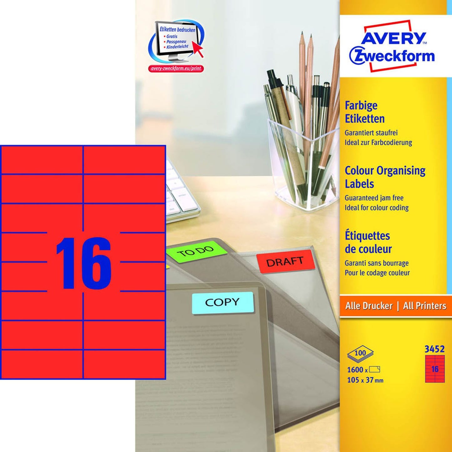 AVERY Zweckform Etiketten rot 105,0 x 37,0 mm | 3452 | 1 Pack = 100 Blatt