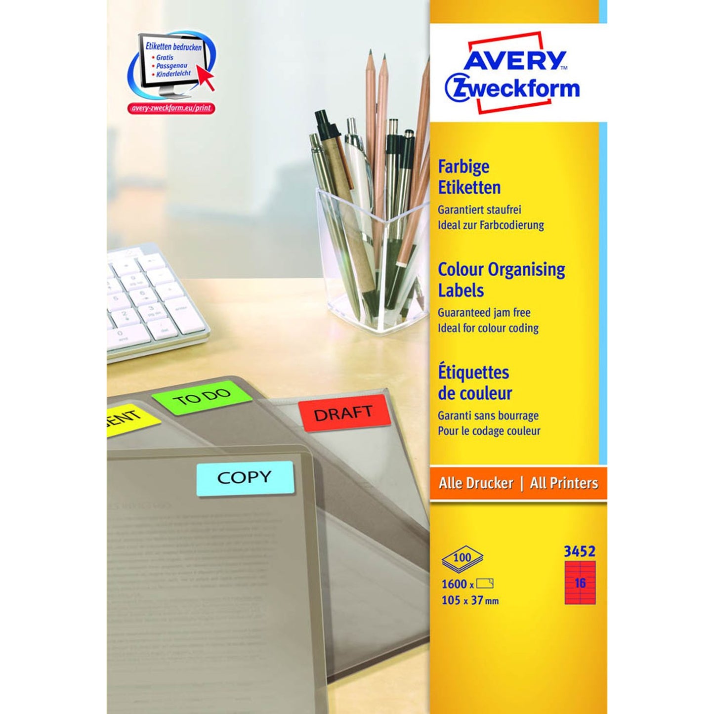 AVERY Zweckform Etiketten rot 105,0 x 37,0 mm | 3452 | 1 Pack = 100 Blatt