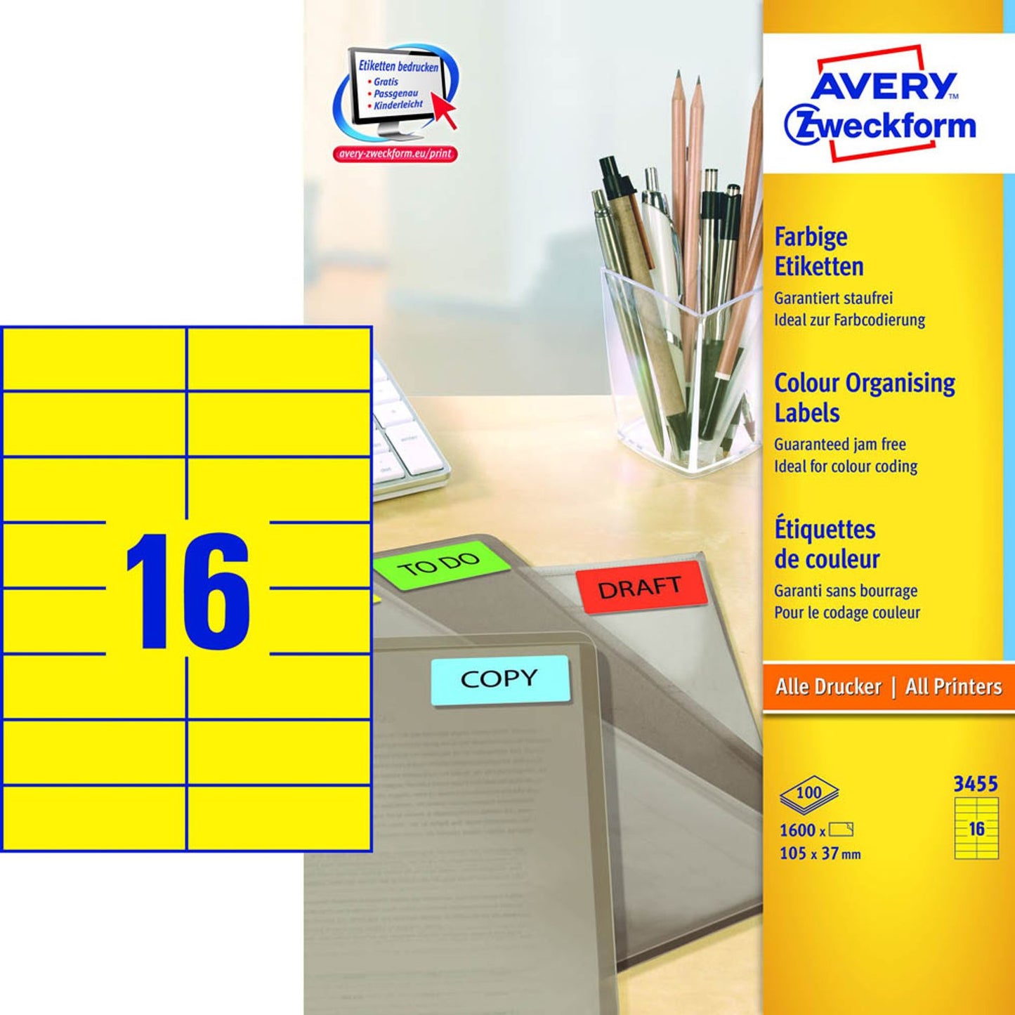 AVERY Zweckform Etiketten gelb 105,0 x 37,0 mm | 3455 | 1 Pack = 100 Blatt