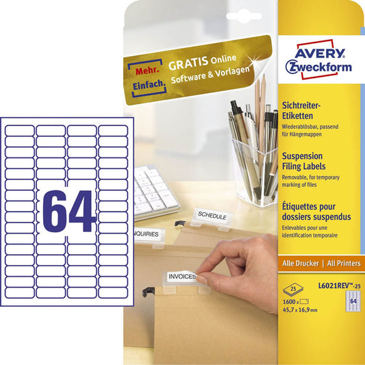 AVERY Zweckform Etiketten weiß 45,7 x 16,9 mm | L6021REV-25 | 1 Pack = 25 Blatt